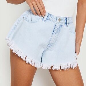 BOOGOO HIGH WAIST FRAY HEM FLOATY JEAN SHORTS Light Blue Frayed Denim Shorts